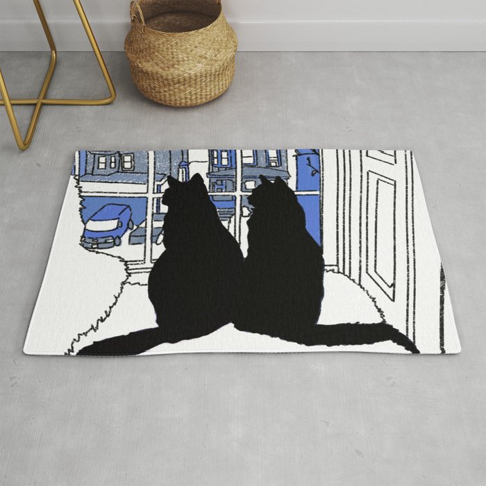 Window Cats At Dusk Silhouette Blue Rug