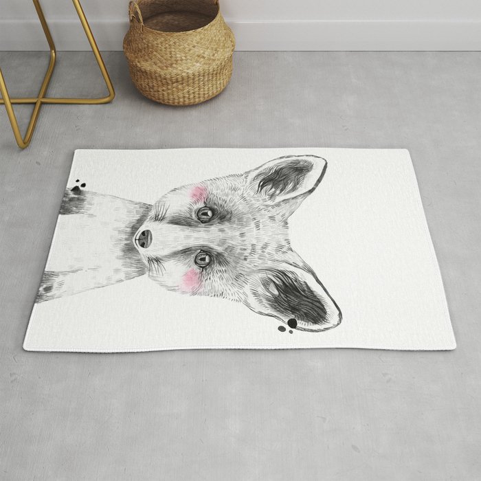 Fox - Black and White Watercolor with blush cheeks Rug