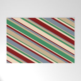 [ Thumbnail: Vibrant Light Slate Gray, Tan, Sea Green, Bisque, and Maroon Colored Lines Pattern Welcome Mat ]