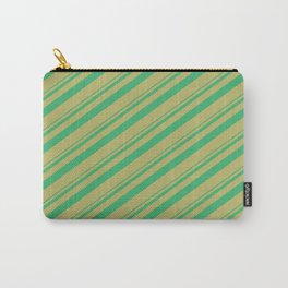 [ Thumbnail: Sea Green and Dark Khaki Colored Lined/Striped Pattern Carry-All Pouch ]