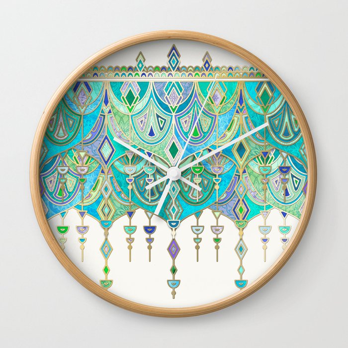 Art Deco Double Drop in Jade and Aquamarine on Cream Wall Clock