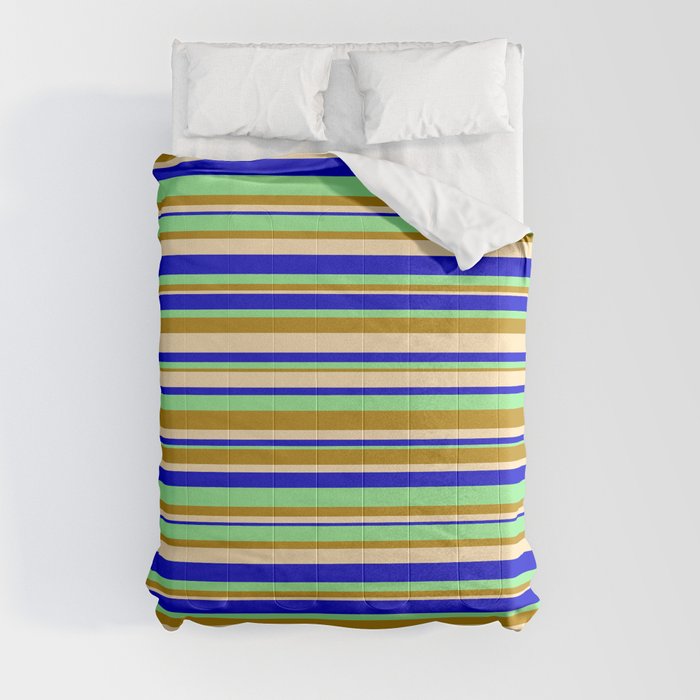 Light Green, Dark Goldenrod, Beige, and Blue Colored Stripes/Lines Pattern Comforter