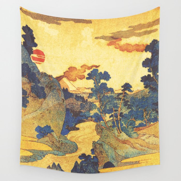 Ancient Path to Kunisada - Nature Ukiyo Landscape in Yellow, Gold, Green, Red and Orange Wall Tapestry