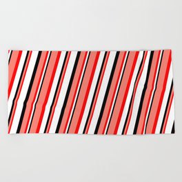 [ Thumbnail: Salmon, Red, White, and Black Colored Striped/Lined Pattern Beach Towel ]