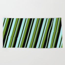 [ Thumbnail: Turquoise, Green & Black Colored Lines/Stripes Pattern Beach Towel ]
