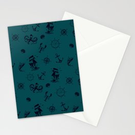 Teal Blue And Blue Silhouettes Of Vintage Nautical Pattern Stationery Card