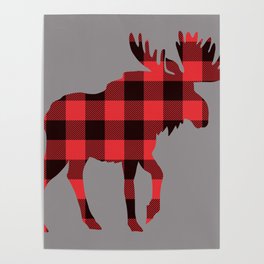 Moose Plaid Pattern Antlers Maine Acadia Rustic Country Wildlife Grey Poster