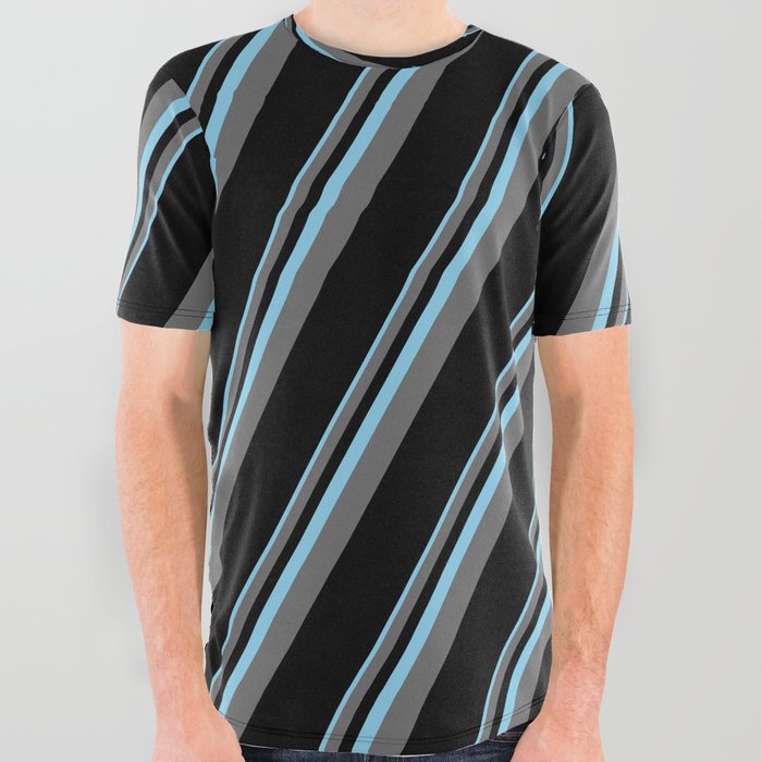 Sky Blue, Dim Grey, and Black Colored Pattern of Stripes All Over Graphic Tee