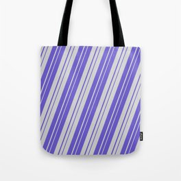 [ Thumbnail: Light Grey and Slate Blue Colored Striped Pattern Tote Bag ]