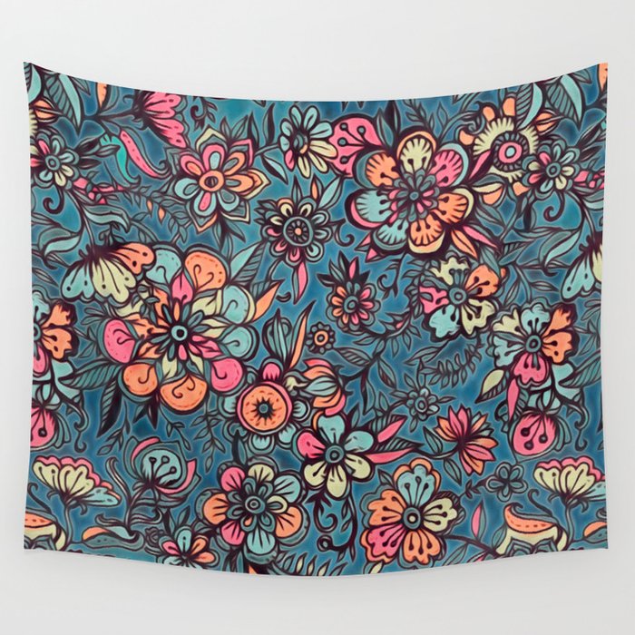 Sweet Spring Floral - melon pink, butterscotch & teal Wall Tapestry