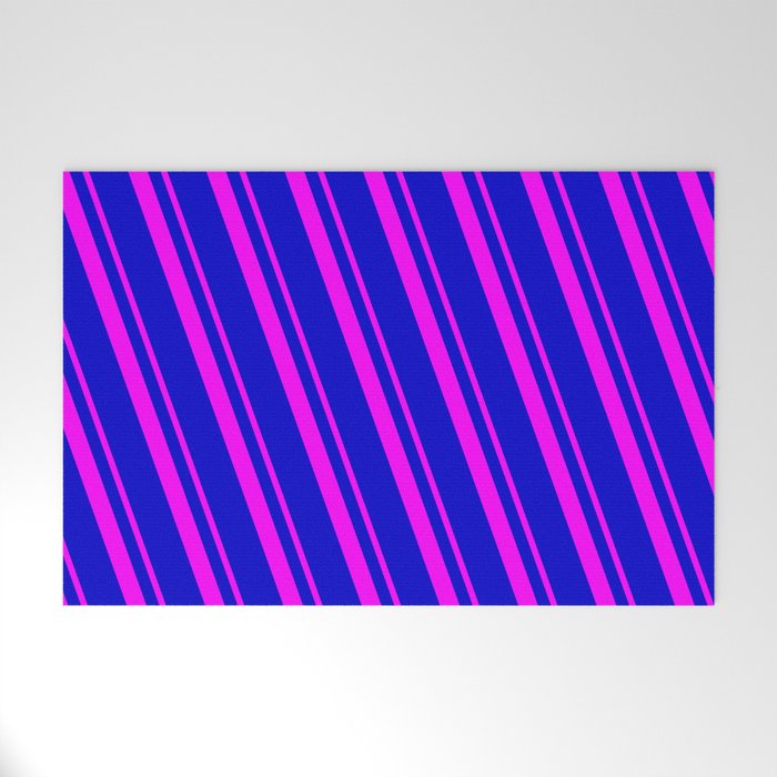 Blue and Fuchsia Colored Striped Pattern Welcome Mat