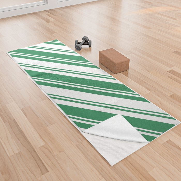 Sea Green & White Colored Lined Pattern Yoga Towel