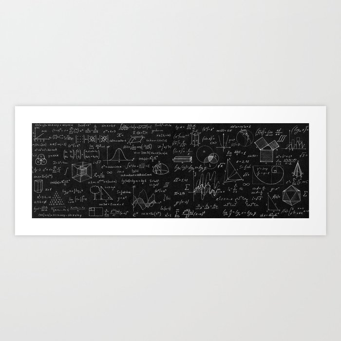 Blackboard inscribed with scientific formulas and calculations in physics and mathematics. Science and education background. Art Print