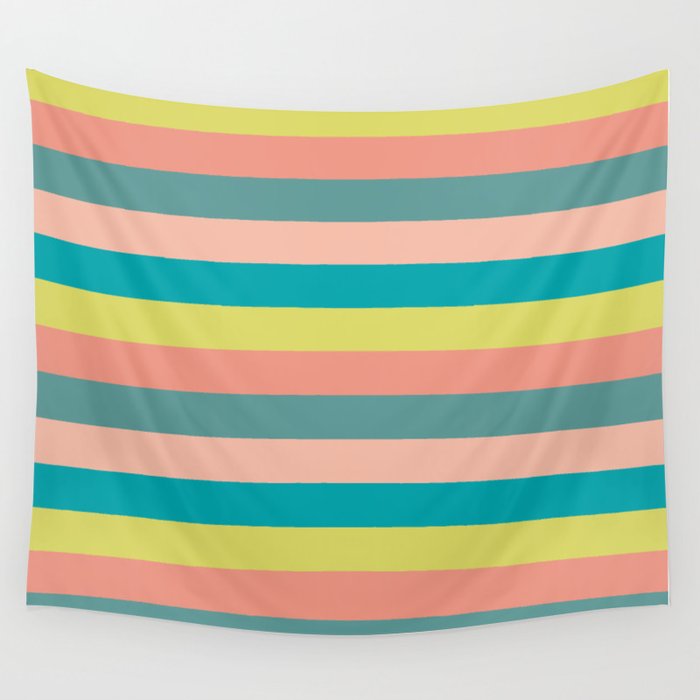Peach, Teal and Mustard Yellow Horizontal Stripes Wall Tapestry