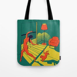 Dancing with the cat | Moody sunset light and shadows Aesthetic Green room Naked dance Femme Fatale  Tote Bag