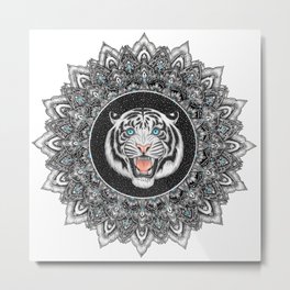 Roaring White Tiger Mandala Metal Print | Zentangle, Tiger, Flowers, Mandala, Zen, Star, Jewels, Sky, Stars, Drawing 