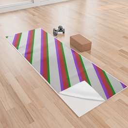 [ Thumbnail: Red, Purple, Light Grey & Green Colored Lines Pattern Yoga Towel ]