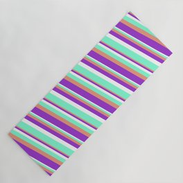 [ Thumbnail: Dark Salmon, Dark Orchid, White, and Aquamarine Colored Striped Pattern Yoga Mat ]