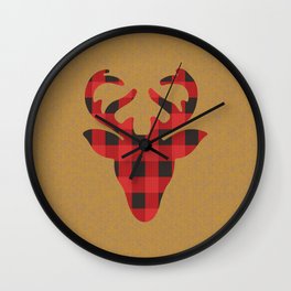 Reindeer Head With Cute Red & Black Buffalo Check Christmas/ Buffalo Plaid Wall Clock