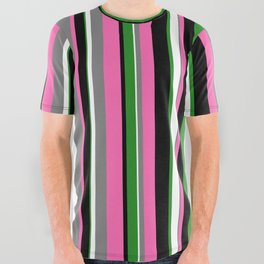[ Thumbnail: Eyecatching Black, Hot Pink, Gray, White, and Forest Green Colored Stripes/Lines Pattern All Over Graphic Tee ]