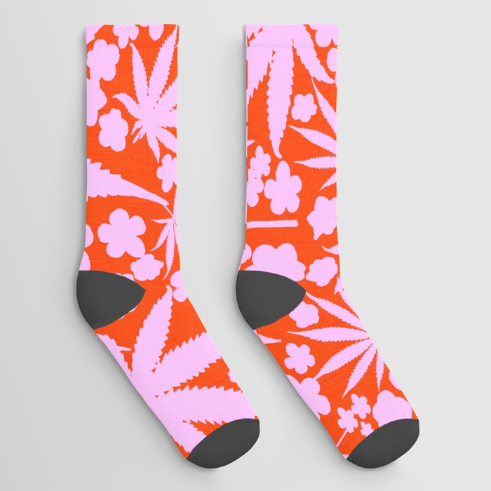 Retro Modern Cannabis Leaves And Flowers In Pastel Pink On Cherry Red Floral Botanical Pattern Socks