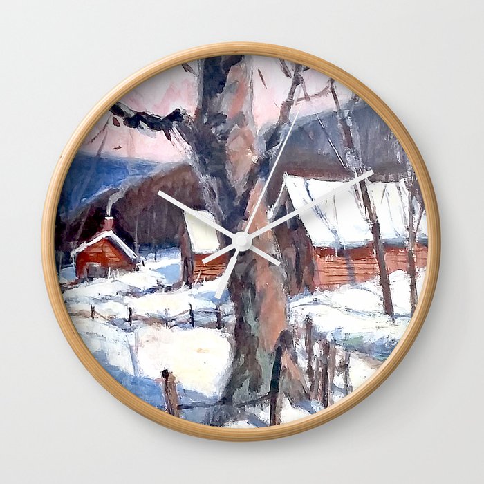 Log Cabins In Winter Wall Clock