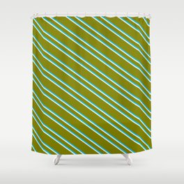[ Thumbnail: Green, Deep Sky Blue & Beige Colored Striped/Lined Pattern Shower Curtain ]
