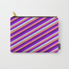 [ Thumbnail: Dark Violet, Turquoise, Salmon, and Indigo Colored Lined Pattern Carry-All Pouch ]