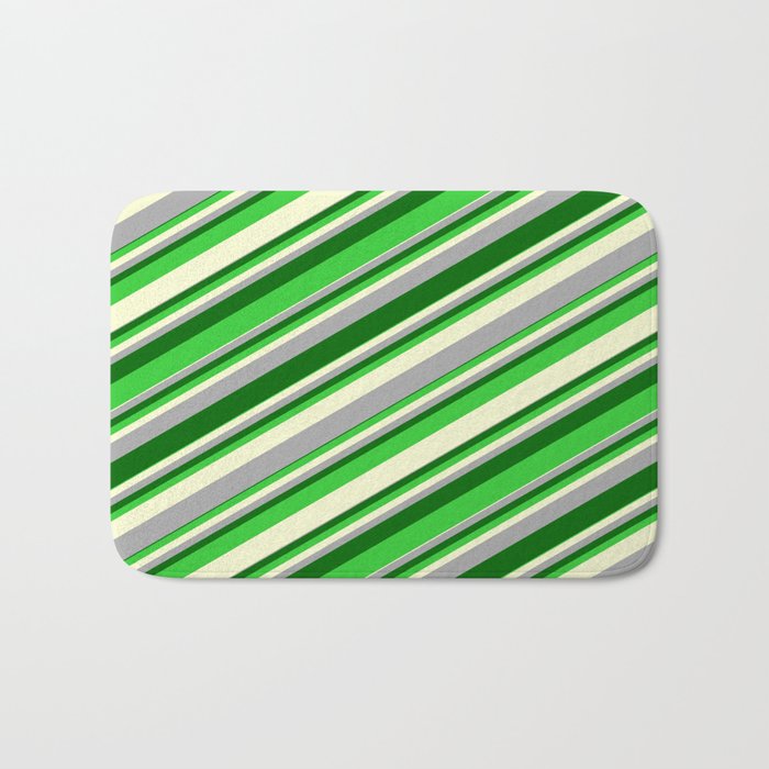 Dark Gray, Dark Green, Lime Green & Light Yellow Colored Stripes/Lines Pattern Bath Mat