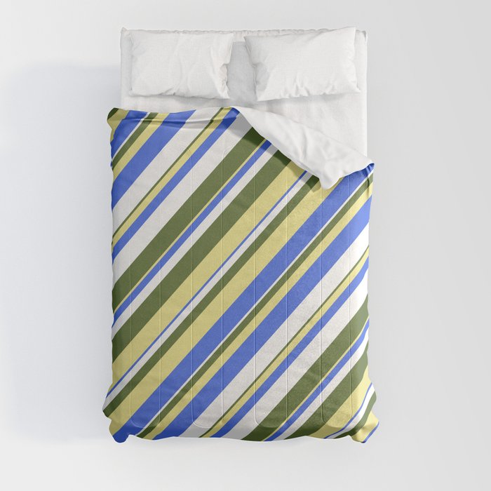 Dark Olive Green, Tan, Royal Blue, and White Colored Stripes Pattern Comforter