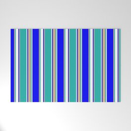 [ Thumbnail: Blue, Tan, Light Sea Green, and White Colored Striped Pattern Welcome Mat ]