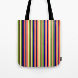 [ Thumbnail: Pale Goldenrod, Green, Dark Blue & Red Colored Stripes/Lines Pattern Tote Bag ]