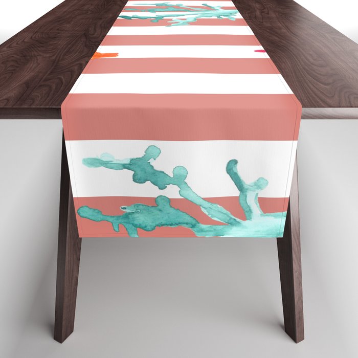 Colorful Coral Reef on Pale Orange Red Stripes Table Runner