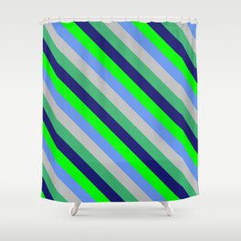 [ Thumbnail: Lime, Cornflower Blue, Grey, Sea Green, and Midnight Blue Colored Stripes Pattern Shower Curtain ]