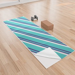 [ Thumbnail: Turquoise, Dark Slate Blue & White Colored Striped Pattern Yoga Towel ]