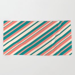 [ Thumbnail: Salmon, Beige & Dark Cyan Colored Pattern of Stripes Beach Towel ]