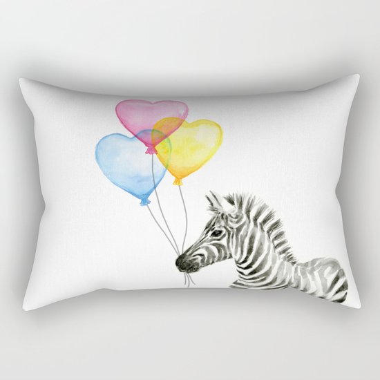 Zebra Watercolor With Heart Shaped Balloons Whimsical Baby Animals Rectangular Pillow