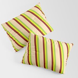 [ Thumbnail: Vibrant Maroon, Tan, Green, Yellow & Brown Colored Lined/Striped Pattern Pillow Sham ]