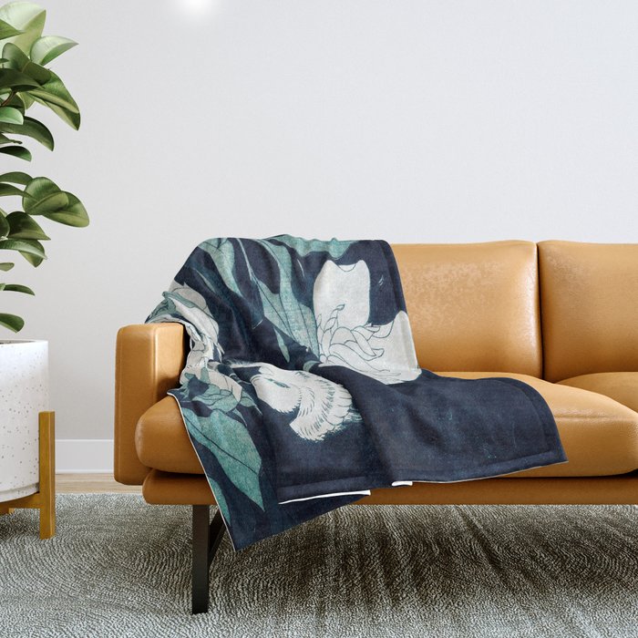 Ethereal Nocturne : JAPANESE FLOWERS Midnight Blue Teal Throw Blanket