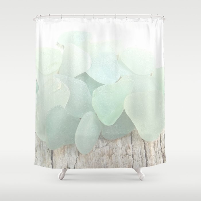 Pastel Pale Turquoise Sea Glass Faded Sea Foam Colors on White Weathered Wood - Photo 4 of 8 Shower Curtain