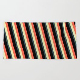 [ Thumbnail: Red, Pale Goldenrod, Dark Slate Gray, and Black Colored Lines Pattern Beach Towel ]