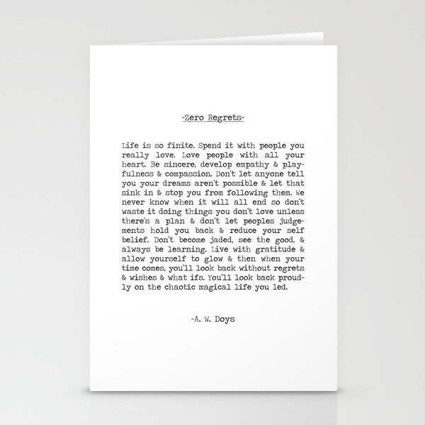Zero Regrets - A. W. Doys Long Inspiring Typographical Quote Stationery Cards