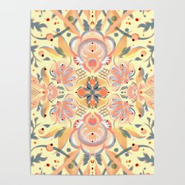 Folk art with orange flowers and foliage Poster