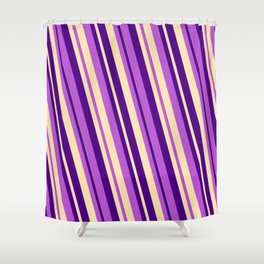 [ Thumbnail: Beige, Indigo & Orchid Colored Lines Pattern Shower Curtain ]