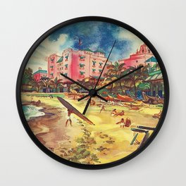 Hawaii's Famous Waikiki Beach landscape painting Wall Clock | Kauai, Maui, Honolulu, Beach, Landscape, Airlines, Ocean, Painting, Oahu, Palmtrees 