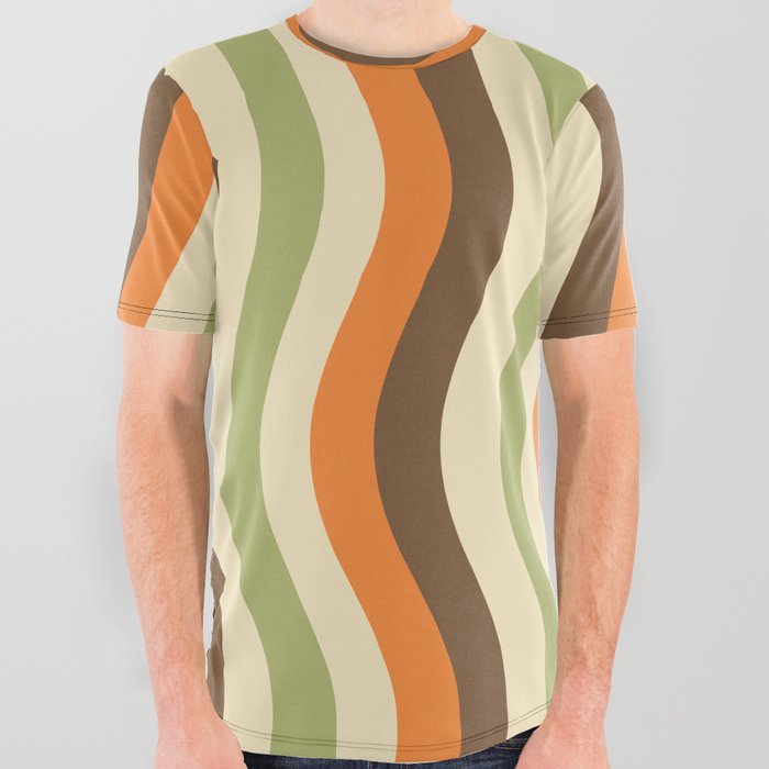 Wobbly 70s Stripes Pattern Avocado Green Brown Orange All Over Graphic Tee