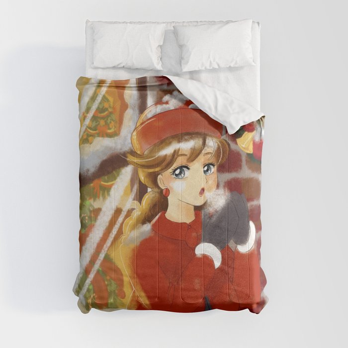 Retro Anime Snowy Christmas Shop Window Girl Comforter
