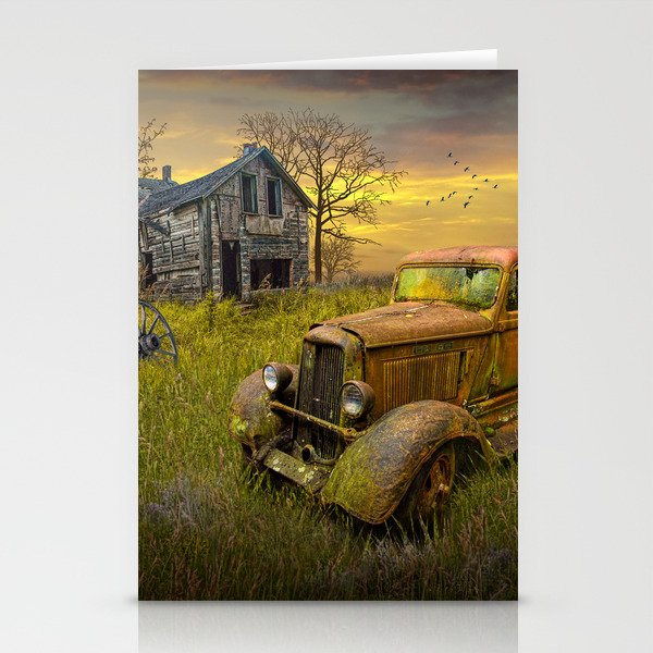 Abandoned Pickup Truck and Farm House at Sunset in a Rural Landscape Stationery Cards