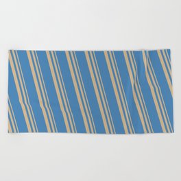 [ Thumbnail: Tan & Blue Colored Lines/Stripes Pattern Beach Towel ]
