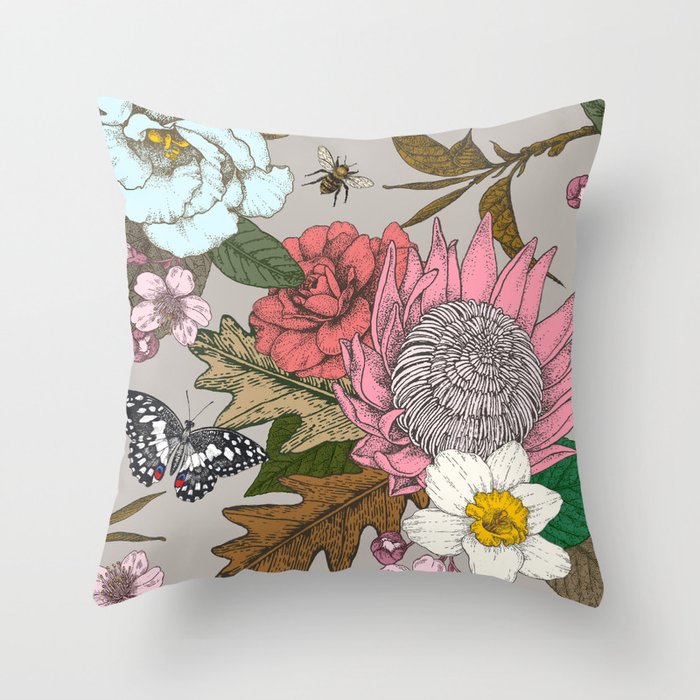earth tone hand-drawn botanical seamless pattern Throw Pillow